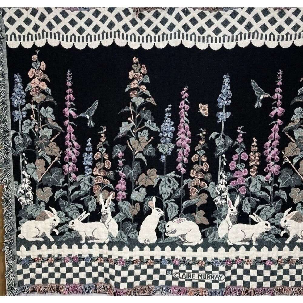 Vtg Claire Murray Foxglove Weavers Tapestry Blanket Throw Garden Bunnies Rabbit